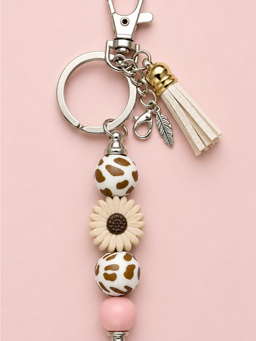 Beaded Tassel Keychain - Pink and Cream Cow Print
